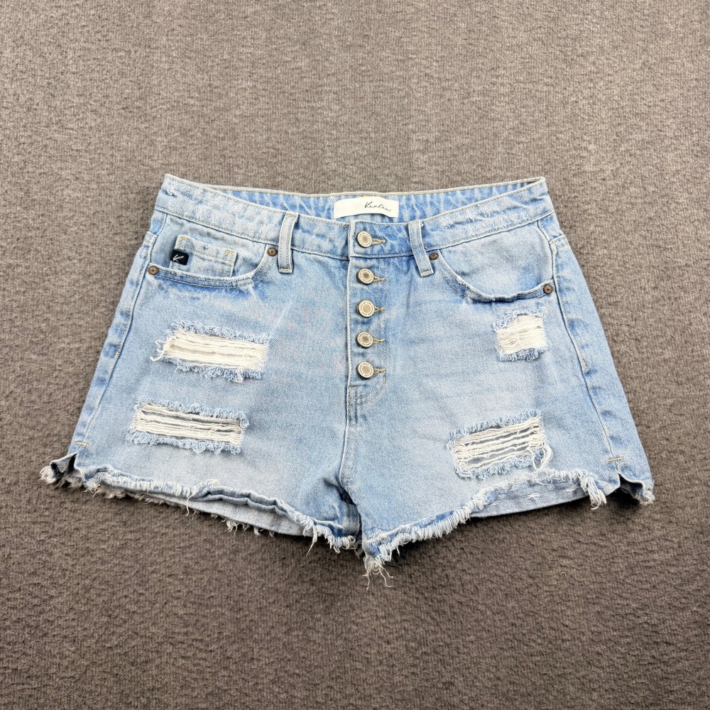 KanCan Light Wash Distressed Button Fly Denim Shorts KC7823L Women's M Blue